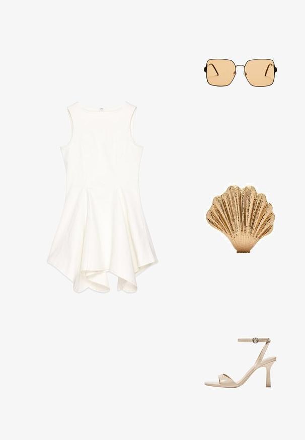 Robe sans manches blanche avec un design évasé, confectionnée dans un tissu texturé ; présente un col rond et un ourlet asymétrique.; Sandale à talon aiguille en cuir verni nude avec une fine bride de cheville et une boucle circulaire, design ouvert à l'avant, et un talon stiletto élancé.; Lunettes de soleil carrées avec des verres marron et une fine monture en métal noir. Présente des branches angulaires et des plaquettes de nez ajustables pour un confort optimal.; Pièce décorative en forme de coquillage de couleur or, avec une surface texturée et un design strié, dotée d'une base plate pour la stabilité.