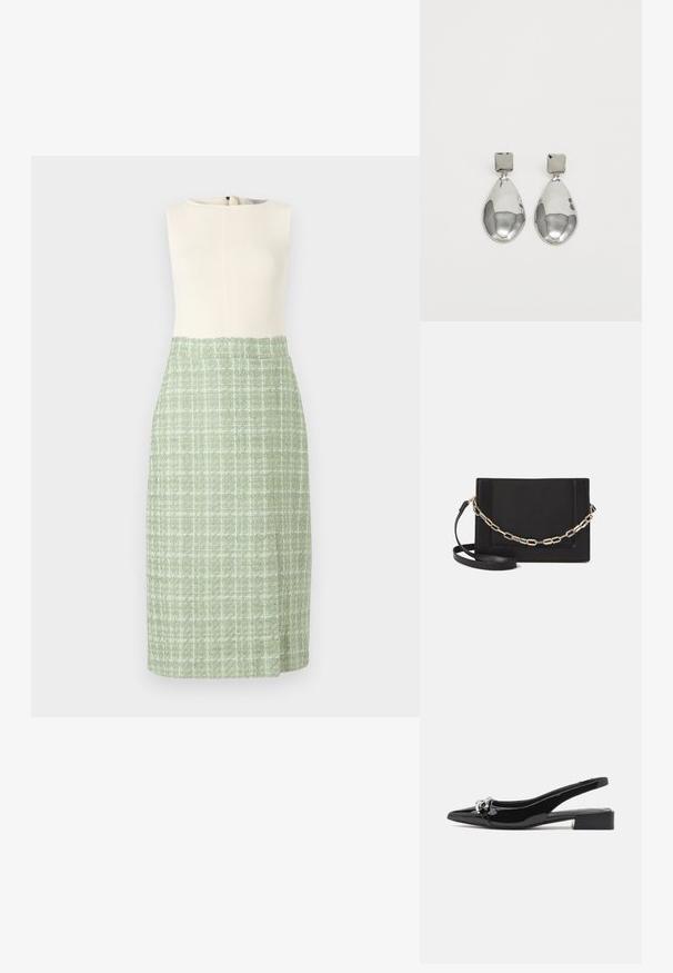 Ermeløs kjole med en ribbestrikket kremfarget topp og et grønt teksturert stoffskjørt som har et lyst rutemønster. Lukkes med glidelås i siden.; Sorte patentlær slingback-sko med spiss tå, detaljer i sølv og lav blokkheel. Glatt, skinnende tekstur gjennom hele.; Svart lær crossbody-veske med glatt tekstur, rektangulær form og metallkjede detaljer på framsiden. Justerbar stroppe inkludert.; Sølv dråpeøreringer med firkantet studs, med en glatt, polert overflate og en tåreformet design som reflekterer lys med en blank overflate.