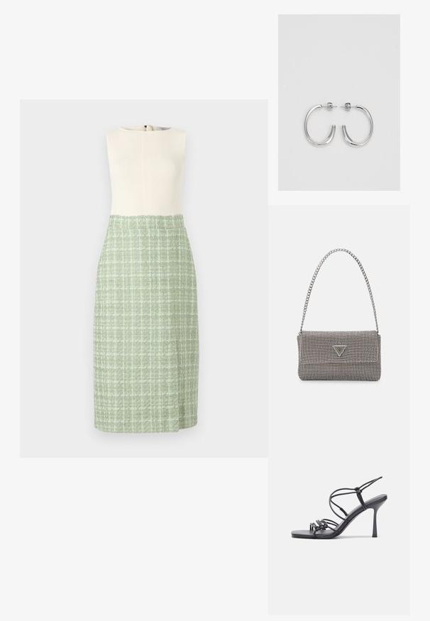 Lyhythihainen mekko, jossa on ribattu kermahuppu ja vihreä teksturoitu hame, jossa on vaalean ruutukuvio. Sivuvetoketjukiinnitys.; Mustat korkokengät sandaalit, joissa on ohuet hihnat solmittuna, sileä neliön muotoinen varvasosa ja tyylikäs stiletto-korko.; Vaalea harmaa metallinen käsilaukku, jossa on ketjusanka. Laukku on koristeltu pienillä pyöreillä metallikoruilla ja kolmion muotoisella brändilogolla.; Hopehopeet hopehopeet hopehopeet hopehopeet, jolla on sileä, kiiltävä pinta. Pyöreä muoto, kevyt rakenne, jossa on neulakiinnitys.