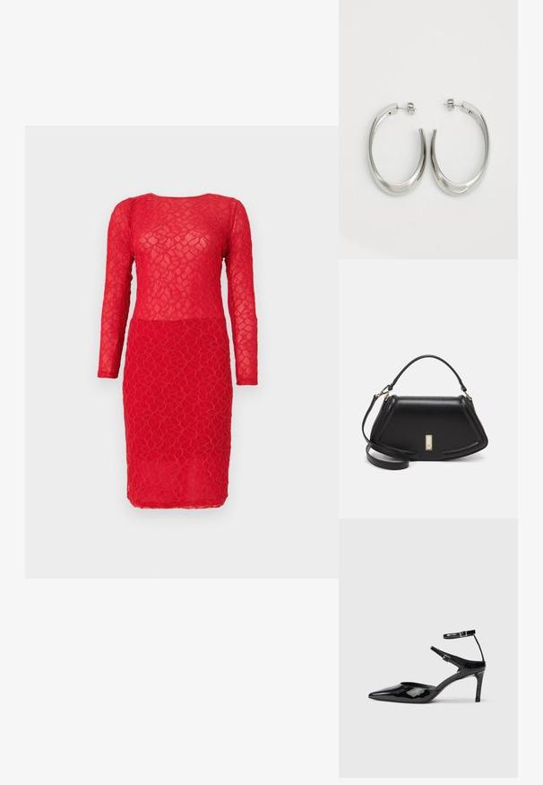 Rød blondekjole med lange ermer, som har et teksturert blomstermønster og en tettsittende silhuett. Semi-transparent stoff gjennom hele.; Sorte lakkede hæle med spids tå, justerbare ankelstropper og en slank hæl. Glat tekstur med en skinnende overflade.; Sort lærveske med en strukturert design, som har en avkortet form, topphåndtak og detaljer i gull. Justerbar skulderstropp inkludert.; Sølvøreringer med en jevn, buet design. Har en blank metallisk finish og en studlås. Ingen synlige mønstre eller aksenter.