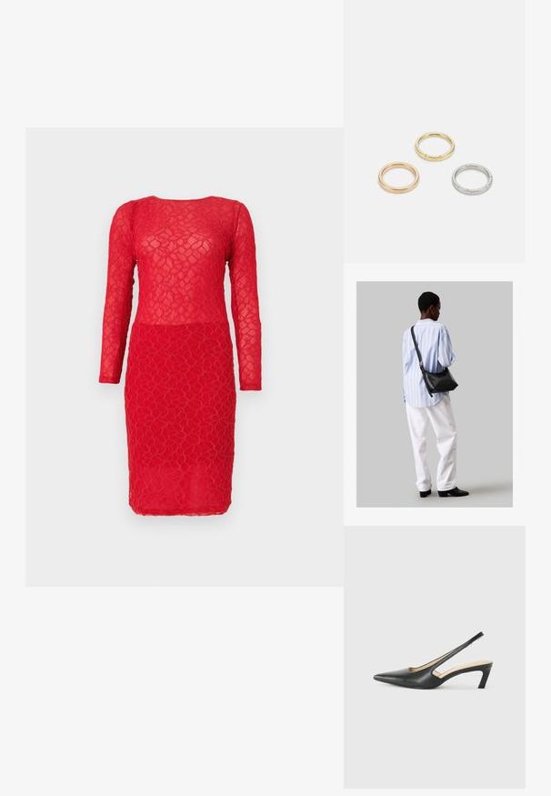 Červené čipkované šaty s dlhými rukávmi, s textúrovaným kvetinovým vzorom a priliehavou siluetou. Polopriesvitná látka po celom obvode.; Čierne slingback topánky s ostrou špičkou a nízkym opätkom, vyrobené z hladkej kože a s výrezmi na boku pre lepšiu priedušnosť.; Čierna kožená ramenná taška so mäkkou textúrou, trojuholníkovým tvarom a nastaviteľným popruhom, skombinovaná s svetlomodrou pruhovanou košeľou a bielymi nohavicami.; Triumf kovových prsteňov: jeden v ružovom zlate, jeden zlatý s textúrovanými akcentmi a jeden strieborný, všetky s gravírovaným logom na vnútornej strane.