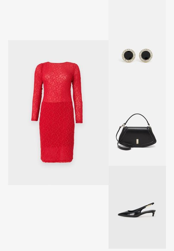 Rochie roșie din dantelă cu mâneci lungi, având un model floral texturat și o siluetă ajustată. Material semi-transparent pe toată suprafața.; Sandale slingback din piele neagră cu vârf ascuțit, având un toc subțire și un accent de culoare aurie pe curea ajustabilă. Textură netedă.; Geantă de umăr din piele neagră, cu un design structurat, având o formă tăiată, mânere superioare și accente din aur. Include o curea de umăr ajustabilă.; DKNY INLAY STUD - Cercei - black/gold-coloured