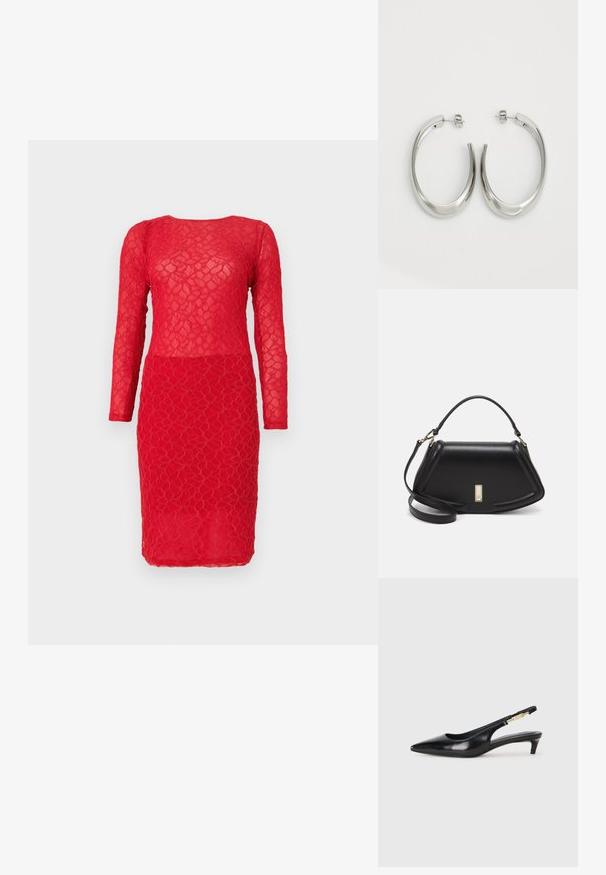 Abito rosso in pizzo con maniche lunghe, caratterizzato da un motivo floreale testurizzato e una silhouette aderente. Tessuto semi-trasparente in tutto l'abito.; Tacchi slingback in pelle nera con punta affusolata, caratterizzati da un tacco alto e un accento dorato sulla cinghia regolabile. Texture liscia.; Borsa a mano in pelle nera con un design strutturato, caratterizzata da una forma corta, manico superiore e accessori in metallo dorato. Inclusa tracolla regolabile.; Orecchini a cerchio argentati con un design liscio e curvo. Presentano una finitura metallica lucida e una chiusura a perno. Nessun motivo o accentuazione visibile.