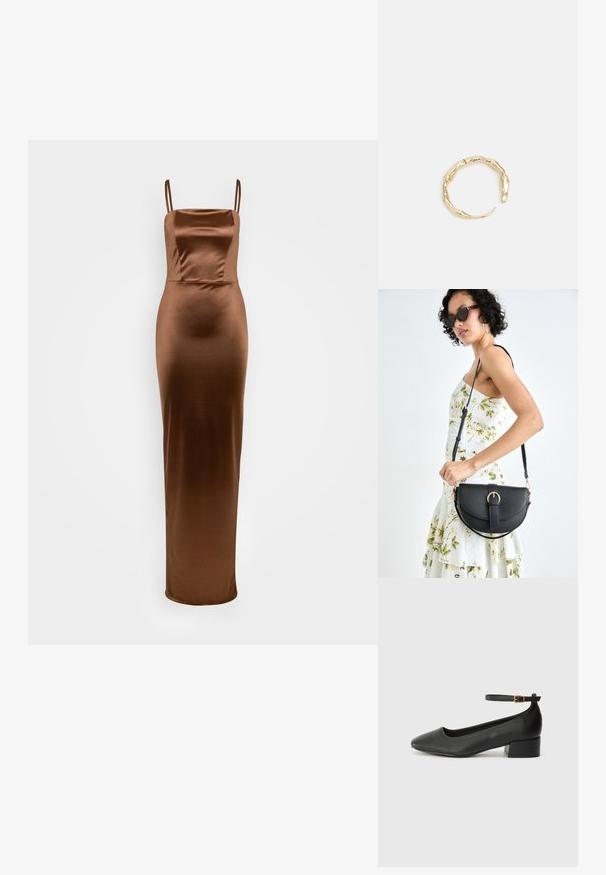 WAL G TALL AUTUMN WEDDING BELLA STRAPPY MAXI - Džersejové šaty - chocolate brown; Čierne kožené lodičky s špicatou špičkou a nízkym blokovým podpätkom. Obsahuje remienok okolo členka so zlatým prackou. Hladký povrch.; Čierna kožená kabelka s zaobleným tvarom, odnímateľným popruhom a zlatými doplnkami. Kabelka má klopu s detailom s prackou.; Prsteň v zlatej farbe s organickým, skrúteným dizajnom, hladkým povrchom a zužujúcimi sa koncami, vytvárajúci moderný, sochársky vzhľad.