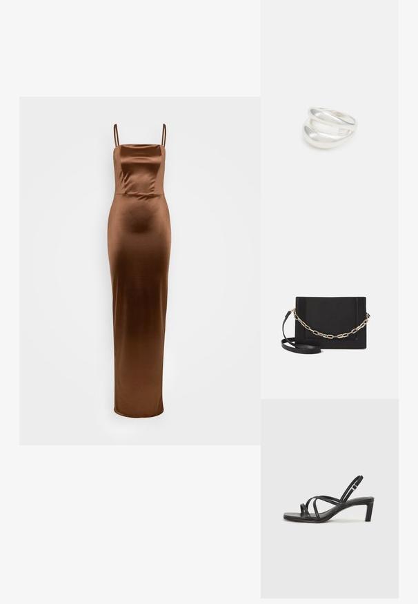 WAL G TALL AUTUMN WEDDING BELLA STRAPPY MAXI - Trikotaažkleit - chocolate brown; Mustast rihmajalatsid ruudukujulise varba ja madala ploki kontsaga. Omab mitmeid õhukesi rihmasid ja reguleeritavat pahkluu rihma. Valmistatud siledast nahast.; Mustast nahast õlakott, mis omab siledat tekstuuri, ristküliku kuju ning esiküljel metallketi detaili. Reguleeritav rihm on kaasas.; Hõbedane kahekordne rõngas sujuva, poleeritud pinnaga. Omab voolavat, kõverat disaini, millel on kattuvad sektsioonid, et saavutada kaasaegne ilme.