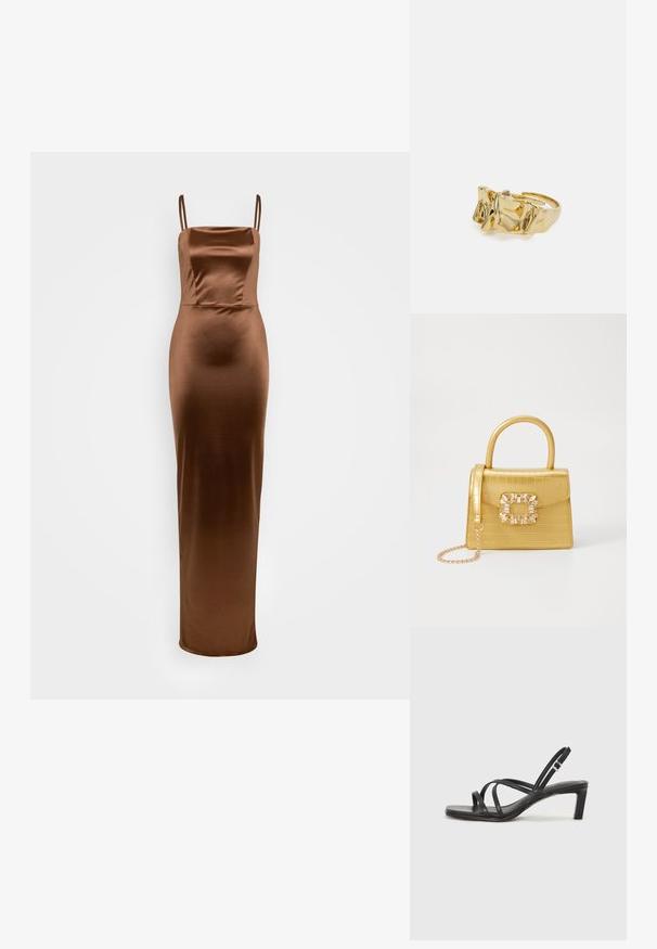 WAL G TALL AUTUMN WEDDING BELLA STRAPPY MAXI - Jersey dress - chocolate brown; Black strappy sandal with a square toe and a low block heel. Features multiple thin straps and an adjustable ankle strap. Made of smooth leather.; Yellow faux-crocodile handbag with a structured design, top handle, detachable chain strap, and decorative crystal embellishment on the clasp.; Gold ring with textured, wavy design featuring three prominent peaks. Smooth, shiny surface with an open band for adjustable fit.