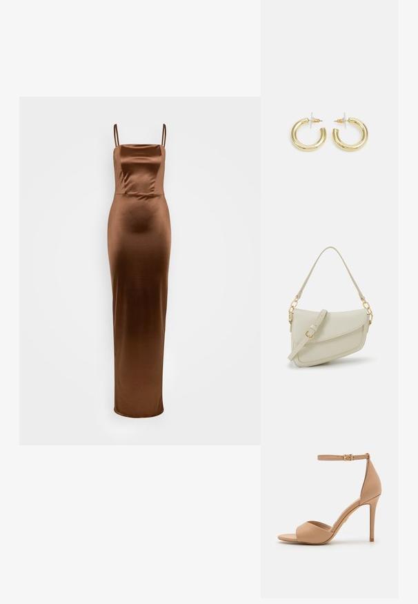 WAL G TALL AUTUMN WEDDING BELLA STRAPPY MAXI - Džersejové šaty - chocolate brown; ALDO CRERIDE PILLOW WALK - Sandále - beige; Malá krémová kabelka s textúrovaným povrchom, dlhým nastaviteľným popruhom, reťazovým detailom a klopovým uzáverom. Zlaté kovové prvky.; Zlaté kruhové náušnice s hladkým, lesklým povrchom. Cirkulárny dizajn s malým steblom a jasným záznamom pre bezpečné nosenie.