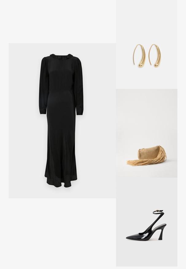 Vestido preto de manga longa em tecido suave, com um decote frisado, corpete justo e saia fluida, apresentando uma bainha discreta.; Sapatilhas de salto alto em verniz preto, com bico afiado, tiras ajustáveis no tornozelo e um salto quadrado moderado. Textura suave com acabamento brilhante.; Cult Gaia VIERA - Carteira de mão - natural; Brincos em metal dourado com forma de arco alongado e curvado. Apresentam uma superfície lisa e brilhante, com uma ponta arredondada para um detalhe adicional.