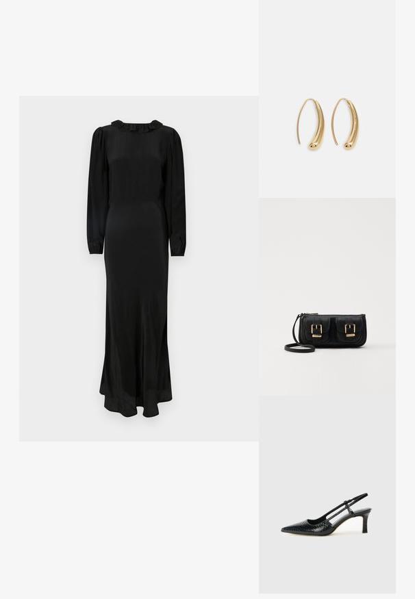 Svart långärmad klänning i mjuk tyg med en volangkrage, figursydd liv och flytande kjol, som har en subtil nederkant.; Svart lackskin slingback-häl med spetsig tå, med texturerad ormskinnsprint, justerbar rem och en kort, texturerad blockklack.; Svart läderaxelväska med två framfickor, guldspännen, dragkedjestängning och en smal rem. Texturerad yta och kompakt rektangulär form.; Guldtonade metallörhängen i en kurvad, avlång form. Har en slät, glänsande yta och en rundad spets för en extra detalj.