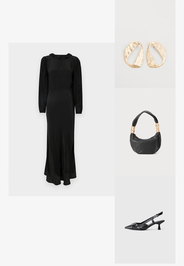 Černé šaty s dlouhým rukávem z hladkého materiálu, s volánkovým výstřihem, přiléhavým živůtkem a splývavou sukní, s jemným lemem.; Černé kožené slingback boty s špičatou špičkou, dekorativními pásky s kovovými očky a nízkým blokovým podpatkem. Texturovaný povrch.; Černá kožená kabelka s kulatým tvarem, měkkou texturou a uzlovou rukojetí se zlatými kovovými detaily. Zapínání na zip.; Pár nepravidelných oválných náušnic z kovu pozlaceného zlatem s texturovaným, mírně kladivkovým povrchem na bílém pozadí.