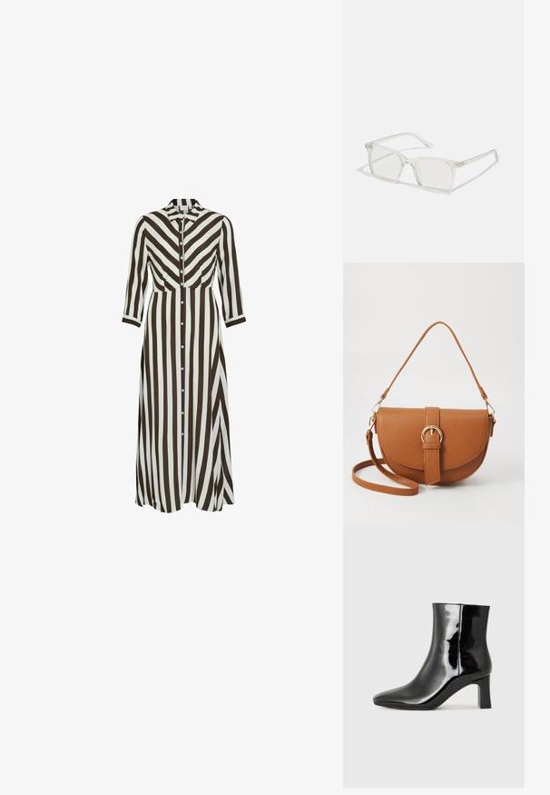 Dolga obleka s gumbi, ki ima drzne rjave in bele navpične črte. Obleka z ovratnikom, dolgimi rokavi in sproščenim silhueto.; Črne lakirane gležnjarje z ošiljenim nosom in srednje visokim blokastim peto. Gladka tekstura in minimalističen dizajn.; Prozorne kvadratne plastične očala s prozornimi lečami, ki imajo zlato dekoracijo na ročajih za dodaten pridih podrobnosti.; Rjava usnjena torbica prek telesa s ukrivljeno obliko, zlate opreme in sponko. Ima odstranljiv naramni trak.