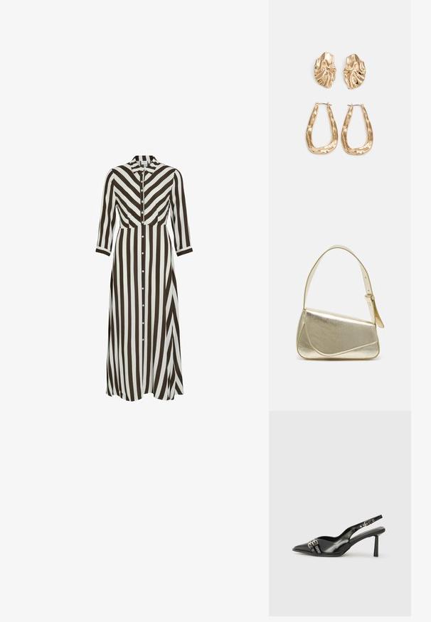 Dlhé, zapínacie šaty s odvážnymi hnedobielymi vertikálnymi pruhmi. S golierom, dlhými rukávmi a voľným strihom.; Čierne lakované kožené slingback topánky s špicatou špičkou, remienkami okolo členku s striebornými prackami a hardvérom, a štíhlým podpätkom.; Zlatá metalická kabelka so štruktúrovaným dizajnom, hladkou textúrou a nastaviteľným popruhom. Obsahuje jedinečný trojuholníkový tvar a minimalistické šitie.; Náušnice v zlatej farbe s textúrovanými, vlnitými tvarmi. Obsahujú sochárske klipsové náušnice a otvorený tvar krúžku s kladivkovým povrchom.