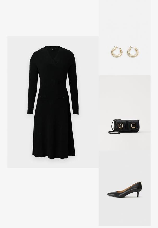 Abito nero lavorato a maglia con scollo a V, maniche lunghe, corpo a coste e due tasche frontali con bottoni. Gonna svasata e tessuto morbido.; Décolleté in pelle nera con punta affilata, tacco basso e texture liscia. Presenta un leggero apertura sulla parte anteriore e hardware minimale sul retro.; Borsa a tracolla nera in pelle con due tasche frontali, fibbie dorate, chiusura con zip e una tracolla sottile. Superficie texturizzata e forma rettangolare compatta.; Lauren Ralph Lauren BASIC SMALL HOOP - Orecchini - gold-coloured