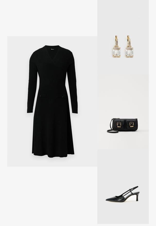 Abito nero lavorato a maglia con scollo a V, maniche lunghe, corpo a coste e due tasche frontali con bottoni. Gonna svasata e tessuto morbido.; Slingback con tacco in vernice nera con punta affusolata, caratterizzato da una stampa a serpente testurizzata, cinturino regolabile e un tacco corto e testurizzato.; Borsa a tracolla nera in pelle con due tasche frontali, fibbie dorate, chiusura con zip e una tracolla sottile. Superficie texturizzata e forma rettangolare compatta.; Orecchini in tonalità dorata con un cristallo trasparente rettangolare sospeso sotto una fila di piccoli accenti trasparenti rotondi. Design elegante e moderno.