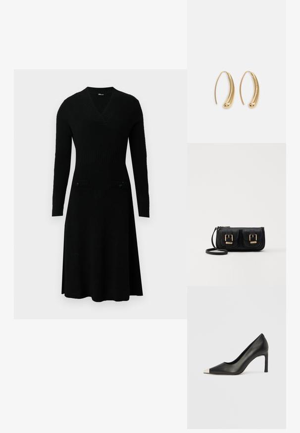 Black knitted dress with a V-neck, long sleeves, ribbed bodice, and two front pockets with buttons. Flared skirt and soft texture.; Black leather high heel shoe with a pointed toe and a metallic silver cap. Features a smooth finish and a slender 10 cm heel.; Black leather crossbody bag with two front pockets, gold buckles, zipper closure, and a slim strap. Textured surface and compact rectangular shape.; Gold-tone metal hoop earrings with a curved, elongated shape. Features a smooth, shiny surface and a rounded tip for added detail.