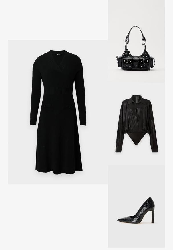 Melnas adītas kleita ar V veida kakla izgriezumu, garām piedurknēm, ribotu augšu un divām priekšējām kabatām ar pogām. Izplestā svārku daļa un mīksta tekstūra.; Melnā bodijakā ar garām piedurknēm, V-veida kaklu un pieguļošu siluetu. Izgatavots no spīdīga, gluda auduma ar strukturētu apkakli un aprocēm.; Melni augstpapēžu apavi ar norādītu purngalu, ar krokodila ādas tekstūru, izceļoties ar elegantu dizainu, augstu stiletto papēdi un gludu melnu interjeru.; Melnas ādas rokturmais ar izliekumu, ar sudraba iedurtiem, sprādzi un divām sānu kabatām. Regulējams siksniņas garums dažādām nēsāšanas iespējām.