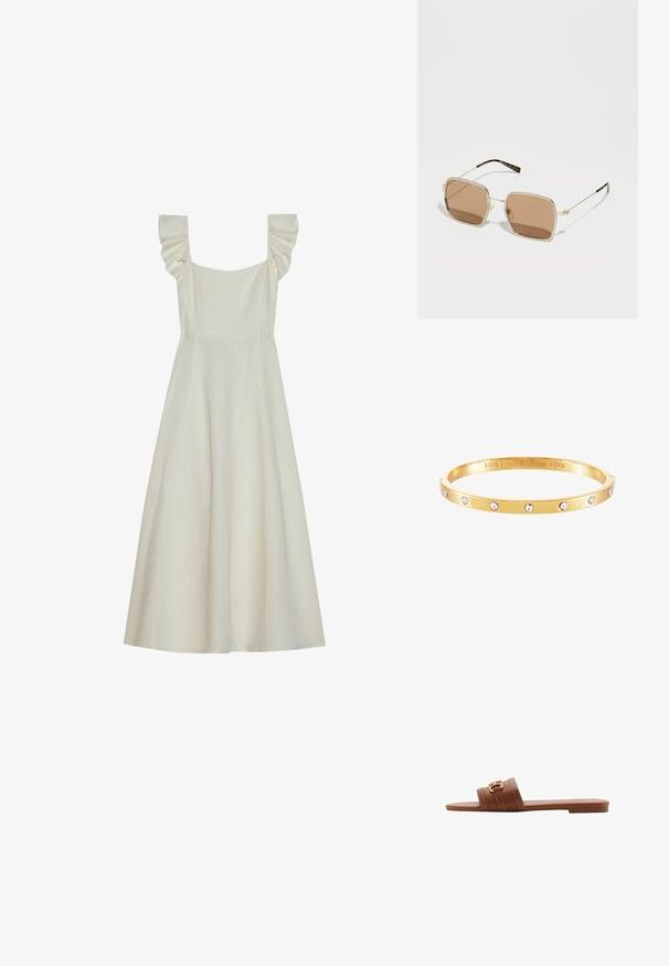 Suknja brez rokavov kremne barve s kvadratnim izrezom in naboranimi ramenom, ki ima prilegajoč se pas in razširjeno krilo.; Rjave usnjene natikače s širokima dvema trakom, ki vključujeta okrasno šivanje in zlat ton sponko. Oblikovan z ravnim podplatom.; Zlate kovinske sončne očala s kvadratno obliko, rjavo obarvanimi lečami in subtilnimi zelenimi ter rdečimi poudarki na okvirju. Tanke, elegantne roke.; Zlato obarvana bangle zapestnica ima gladko površino in sedem prozornih rhinestones enakomerno razporejenih po traku. Vgraviran logotip znotraj.