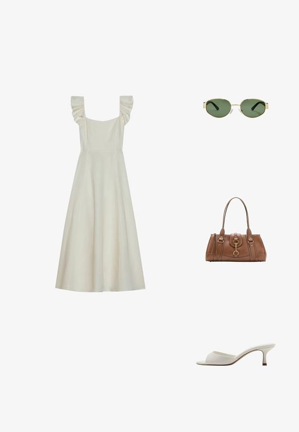 Bezramenné šatů krémové barvy se čtvercovým výstřihem a volánovými detaily na ramenou, s přiléhavým živůtkem a rozšířenou sukní.; Bílé otevřené lodičky na vysokém podpatku s hladkým povrchem, minimalistickým designem a štíhlým podpatkem, se slabým hnědým akcentem na podrážce.; Sluneční brýle s metalickým zlatým rámem, zelenými skly, oválného tvaru, s černými stranicemi a průhlednými nosními podložkami. Čistý, minimalistický design.; Hnědá kožená kabelka s dvojitými uchy, zlatými kovovými detaily a strukturovaným designem. Disponuje centrálním klopovým uzávěrem s detailním poutkem.