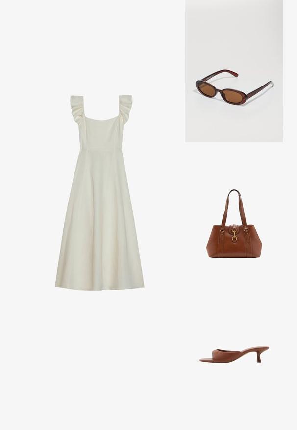 Rochie fără mâneci, de culoare crem, cu decolteu pătrat și detalii volă de pe umeri, având un corset ajustat și o fustă evazată.; Mule-uri cu toc deschis, de culoare maro, cu un finisaj neted și mat, având un design curbat și un toc transparent, conic.; Ochelari de soare rotunzi, cu nuanțe de brown și cu un cadru lucios de burgund. Brațe subțiri cu detalii subtile de branding. Design cu lentile plate.; Geantă de mână din piele maro, cu curele duble, formă rotundă, accesorii din aur și un detaliu central cu cataramă. Textură netedă cu accente cusute.
