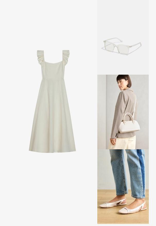 Mekko ilman hihoja, vaalean kermaisen värinen, nelikulmainen kaula-aukko ja röyhelöyksityiskohdat olkapäissä, sopiva yläosa ja liehuva hame.; Vaaleanpunaiset slingback-ballerinat, joissa on terävä kärki, valmistettu sileästä nahkamaisesta materiaalista. Sivujen leikkuuyksityiskohdat ja tasapohja.; Selkeä muovinen neliönmuotoinen kehyslasit, joissa on läpinäkyvät linssit ja kultaset mäntäraudat lisäämään yksityiskohtia.; Valkoinen rakenteellinen käsilaukku, jossa on lyhyet kahvat ja olkahihna, varustettu kultaisilla metalliosilla ja tekstuurilla, esillä harmaata taustaa vasten.