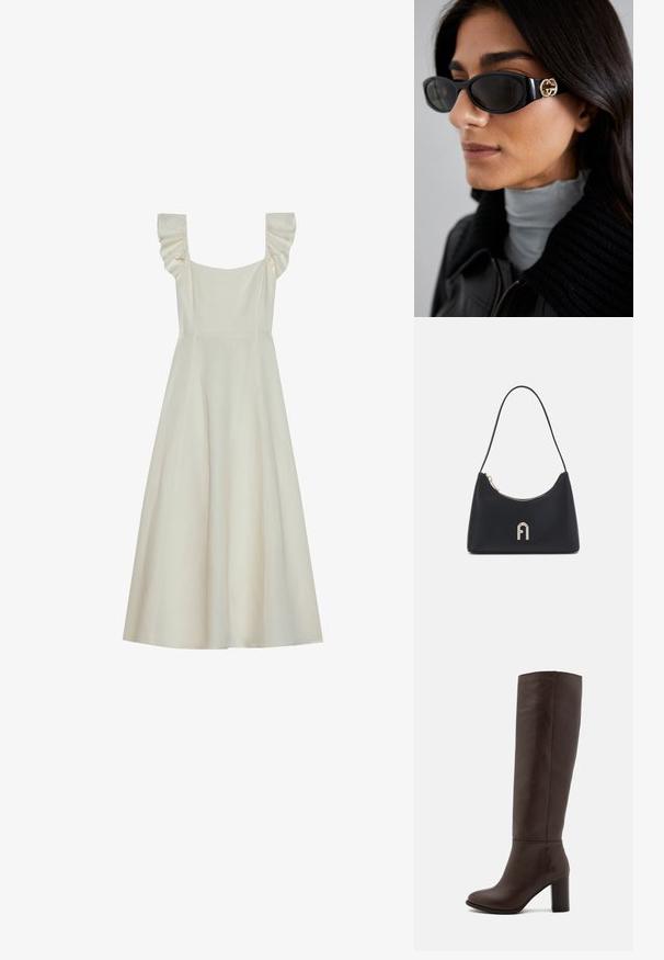 Kratka haljina kremaste boje bez rukava s kvadratnim dekolteom i volanima na ramenima, koja ima prilagođeni gornji dio i lepršavu suknju.; Smeđe kožne čizme do koljena s blok petom, glatkom teksturom, zaobljenim vrhom i minimalnim detaljima šivanja.; Crne sunčane naočale sa elegantnim pravokutnim okvirom i zlatnim logotipom na strani. Tamna stakla i sjajni finiš su istaknuti.; Crna torba za rame izrađena od glatkog materijala, sa zakrivljenim oblikom, zlatnim patentnim zatvaračem i zlatnim reljefnim logotipom na prednjoj strani.