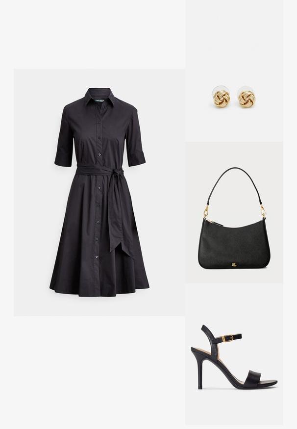 Svart skjortekjole laget av glatt stoff med knappestolpe foran, korte ermer, belte som bindes i midjen, og en utsvingt skjørt.; Sorte høyhælte sandaler med glatt skinnoverside, åpen tå og et enkelt stroppdesign med en gullspenne som aksent.; Svart lærveske med en strukturert design, med glidelås, avtakbar stropp og detaljer i gull.; Gullfarget knute stud-øreringer med en vridd design. Hver ørering har en sirkulær klar bakside for sikker bruk.