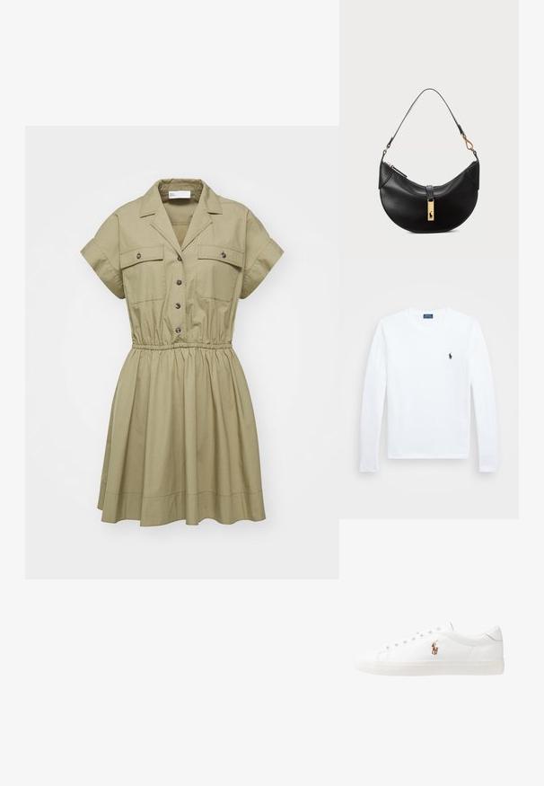 Kaki kortærmet kjole med krave, knaplukning, elastisk liv og to brystlommer. Glat stof og blomsterformet nederdel.; Hvid langærmet skjorte, lavet af bomuld, med rund halsudskæring, prydet med et lille marineblåt logo på venstre bryst. Enkel design, almindelig pasform.; Hvide lædersneakers, lavtop design, med en glat tekstur, rund tå, snørret front og et lille broderet logo på siden.; Sort læderhåndtaske i halvmåneform. Har en gylden hardwaredetalje og en smal rem. Glat tekstur, lynlås lukning øverst.
