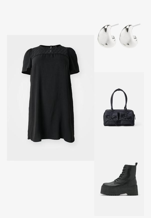 Robe noire à manches courtes, panneau en dentelle texturé au niveau du col, coupe décontractée et forme légèrement évasée. Tissu uni sans motifs.; Bottes noires jusqu'à la cheville avec une semelle épaisse en plateau, en cuir lisse, dotées d'un design à lacets et d'une languette à l'arrière.; Sac à main en tissu noir avec deux poches avant dotées de détails en nœud, deux poignées et fermeture éclair. Texture douce et forme rectangulaire.; Boucles d'oreilles en argent avec un design lisse et courbé. Elles présentent une finition polie et un fermoir à tige pour un port sécurisé.