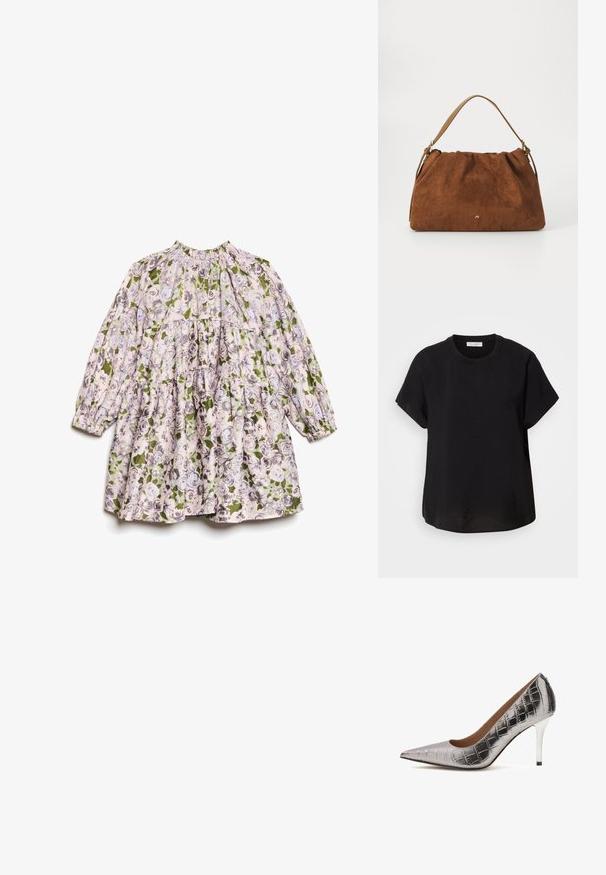 Ilgi piedurkņu bērnu kleita ar savilkta kakla izgriezumu un ziedu rakstu rozā, pelēkā un zaļā krāsā uz baltā fona.; Melnas īsām piedurknēm t-kreklu ar apaļu kakla izgriezumu. Izgatavots no viegla auduma, ar brīvu piegriezumu un taisnu apakšmalu.; Sudraba augstpapēžu zeķu zābaki no krokodilā teksturēta sintētiskā materiāla, ar smaili purngalu un elegantu stiletto papēdi ar melnu akcentu.; Brūna zamšāda soma ar savilkšanas dizainu, kurai ir viena gaiši brūna ādas siksna un smalka zelta logo detaļa priekšpusē.