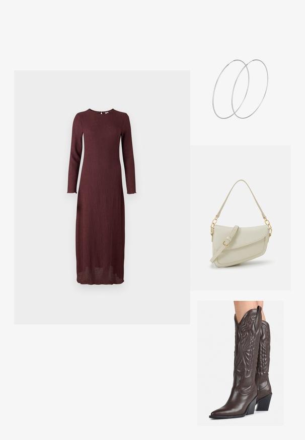 Bordo ilgomis rankovėmis suknelė, pagaminta iš tekstūruoto audinio, su apvaliu iškirpimu ir tiesia siluetu, siekianti vidurinę blauzdos dalį.; Rudos odinės kaubojaus batai su smailiu priekiu ir blokuotu kulnu, pasižymintys detaliu siuvinėjimu ir iškiliais akcentais ant ašies.; Mažas kreminis rankinukas su tekstūruotu paviršiumi, ilga reguliuojama juostele, grandinėle ir užsegimu su atvartu. Aukso detalės.; Sidabrinės pusmėnulio auskarai minimalistiniu dizainu. Apskritimo forma, lygus paviršius ir plonas profilis. Lengvi su poliruotu apdailu.