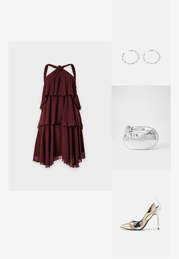 Robe bourgogne à volants, à couches, avec décolleté halter et bretelles nouées. Fabriquée en tissu léger, avec des accents transparents à l'ourlet.; Chaussure à talon aiguille à bout pointu avec un schema de couleurs argent, or et nude. Fini brillant avec un design découpé, dotée d'un talon stiletto.; Pochette en métal argenté avec une forme douce et arrondie et un fermoir en haut noué. Fabriquée en simili cuir lisse.; Boucles d'oreilles en argent en forme de créoles avec un design torsadé, dotées d'une finition polie et d'une fermeture à poussoir. Mesurent environ 3 cm de diamètre.