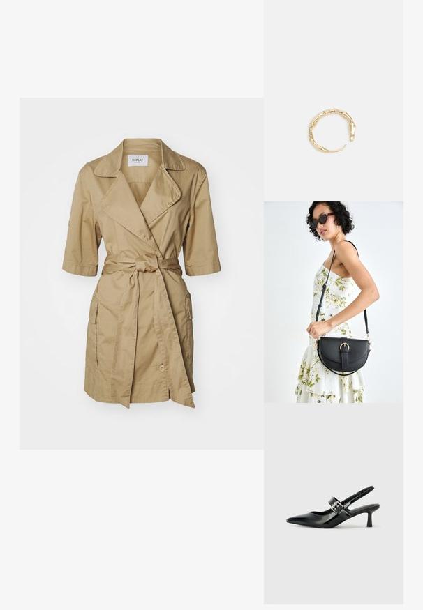 Khaki trench coat, millelöögi vöökoht, lühikesed varrukad, alla volditud krae ja külje taskud. Valmistatud kergest kangast, millel on sile tekstuur.; Mustad patenteeritud nahast sildiga kontsad, millel on terav nina ja väike plokk-konts, mille rihmal on hõbedane pandla aksessuaar.; Mustmust mustraha kõverate joontega, eemaldatava rihmaga ja kuldsete detailidega. Kotil on klapp, millel on pandladetail.; Kuldtoonis sõrmus, millel on orgaaniline, keerdunud disain sileda tekstuuri ja kitsenevate otstega, luues kaasaegse skulptuurilise välimuse.