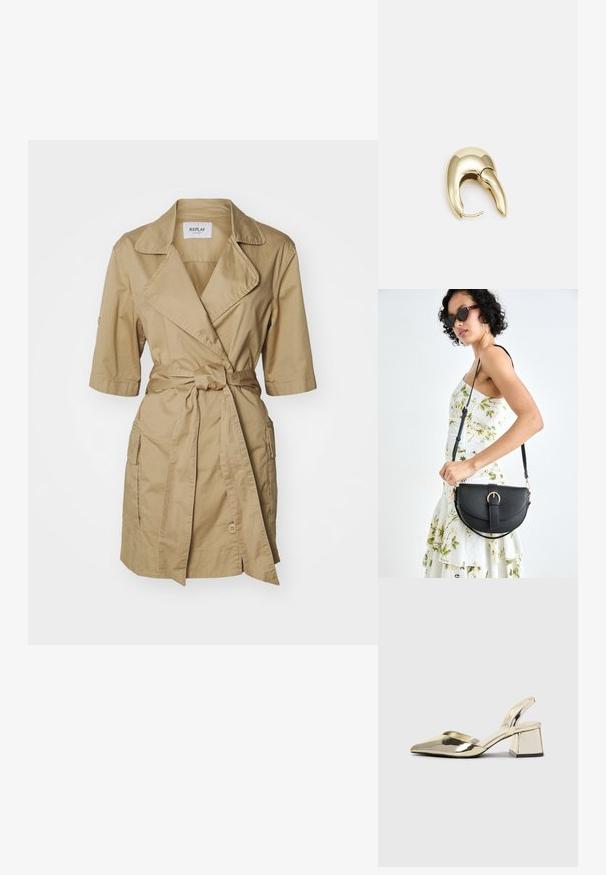 Homokszínű trench coat övvel a deréknál, rövid ujjakkal, lecipzározható gallérral és oldalsó zsebekkel. Könnyű anyagból készült, sima textúrával.; Arany, fémből készült slingback sarkú cipők hegyes orral és vastag sarokkal. Simaság, minimalista design és keskeny pánt jellemzi.; Fekete bőrtáska ívelt formával, levehető pánttal és arany színű fémrészekkel. A táskán egy csattal díszített fedél található.; Aranyszínű fém fülbevaló, elegáns, ívelt formával. Különleges hegyes alak, fényes felszín és zsanéros záródás jellemzi.