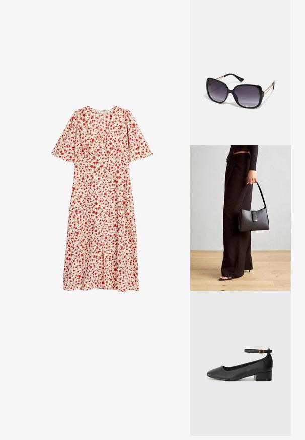 Bloemenjurk met een witte achtergrond en rode en groene patronen, korte vlinder mouwen en een knielange snit met een lichte A-lijn.; Zwarte leren pump met een spitse neus en een lage blokhak. Beschikt over een enkelband met een goudkleurige gespsluiting. Gladde textuur.; Zwarte oversized zonnebril met gradient glazen, dikke montuur en gouden kettingdetails op de pootjes.; Zwarte handtas met gestructureerde vorm, gladde textuur en een metalen sluiting. Gecombineerd met brede zwarte broeken en sandalen met open teen op een houten vloer.