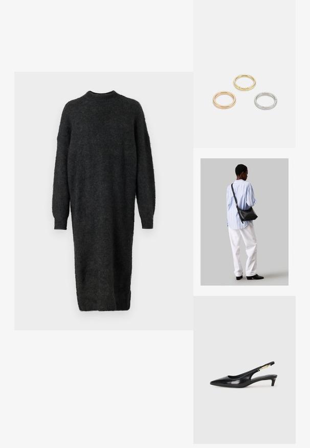 Μαύρο μακρύ φόρεμα-πουλόβερ φτιαγμένο από αφράτο ύφασμα, με υψηλό λαιμό, χαμηλούς ώμους και μακριά μανίκια. Διαθέτει ίσια σιλουέτα και πλαϊνές σχισμές.; Μαύρες δερμάτινες γόβες slingback με μυτερή μύτη, διαθέτοντας λεπτό τακούνι και χρυσή λεπτομέρεια στην ρυθμιζόμενη λωρίδα. Λείος υφές.; Μαύρη δερμάτινη τσάντα ώμου με απαλή υφή, τριγωνικό σχήμα και ρυθμιζόμενο λουρί, συνδυασμένη με ένα ανοιχτό μπλε ριγέ πουκάμισο και λευκό παντελόνι.; Τρία μεταλλικά δαχτυλίδια: ένα ροζ χρυσό, ένα χρυσό με υφές και ένα ασημένιο, όλα με εγχαραγμένο λογότυπο στην εσωτερική πλευρά.