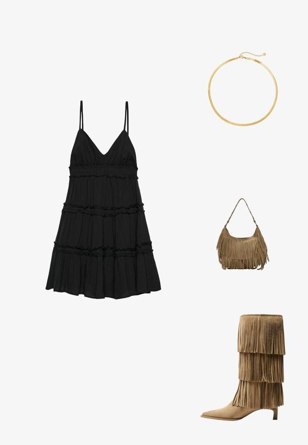 Robe camisole noire à volants avec des bretelles spaghetti, présentant un décolleté en V, une taille froncée et des couches à volants pour plus de texture.; Bottine à franges en daim tan avec trois couches de franges. Bout pointu et petit talon carré. Texture lisse sur l'ensemble.; Sac à main en daim marron avec des détails en franges longues, une forme incurvée et une seule bandoulière. Caractérisé par une surface lisse et texturée.; Collier ras du cou en maille dorée avec un design plat et flexible. Dispose d'une extension de chaîne pour un réglage de la longueur. Texture lisse, look minimaliste.