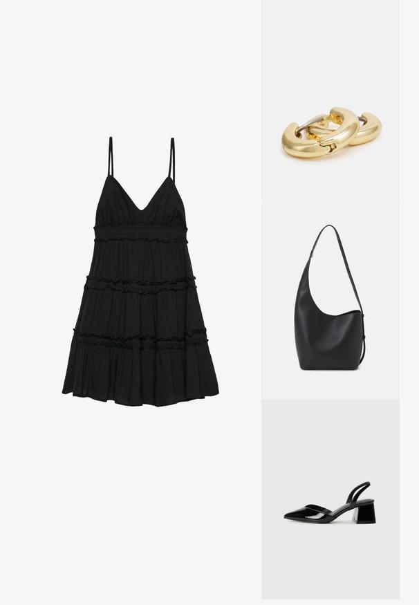 Črna slojevita majica obleka s tanjšimi naramnicami, z V-izrezom, zgrnjenim pasom in nabranimi plastmi za teksturo.; Črne lakirane slingback pete s koničastim nosom in geometrijsko blokasto peto. Imajo eleganten, minimalističen dizajn in gladko teksturo.; Črna usnjena hobo torba z gladko teksturo, ukrivljeno obliko in eno nastavljivo naramnico; ima širok odprtina na vrhu.; Zlati obročasti uhani z gladkim, zaobljenim dizajnom. Imajo povezovalni srebrni del za enostavno nošenje, ki prikazuje sijoč zaključek.