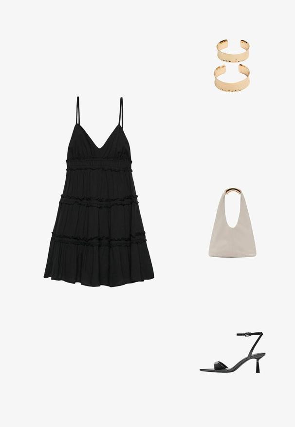 Čierne vrstvené tielkové šaty s ramienkami, s výstrihom do V, zberaným pásom a volánovými vrstvami pre textúru.; Bershka Sandále na vysokom opätku - black; Svetlosivá kožená taška s U-tvarom a zakrivenou kovovou rukoväťou. Hladký povrch s minimálnym prešívaním a bez viditeľných vzorov.; Zlaté kovové náramky sistí textúrou, s otvoreným dizajnom a hladkými okrajmi. Zobrazené sú dve veľkosti: jedna širšia, druhá užšia.