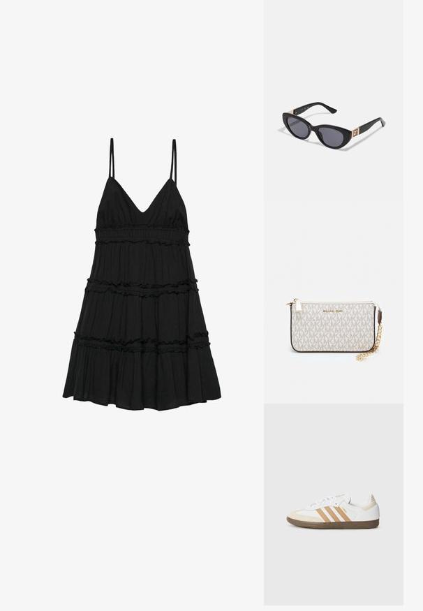 Zwart gelaagd cami-jurk met spaghettibandjes, met een V-halslijn, een geplooide taille en gerimpelde lagen voor textuur.; Witte leren sneakers met tan suède accenten en drie witte strepen. Beschikt over een gestructureerde bruine rubberen zool en goudkleurig logo detail.; Guess Zonnebril - shiny black; Michael Kors polsbandje in beige gecoate canvas met een herhaald MK-logo patroon, gouden hardware en een afneembare kettingriem.