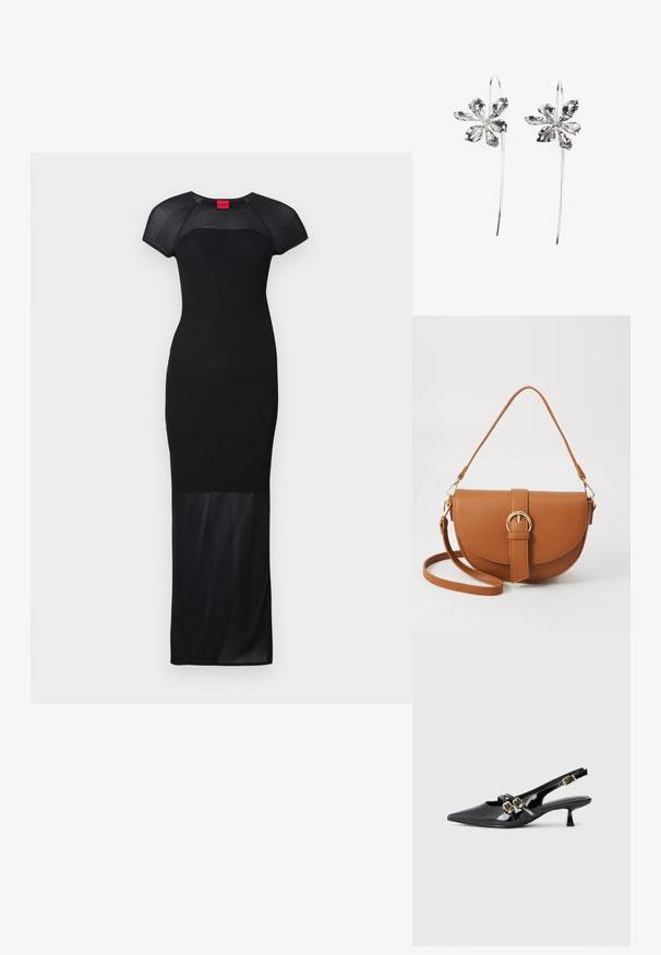 Black maxi dress with short cap sleeves, ribbed texture on top, smooth fabric below, featuring a fitted silhouette and knee-length hem.; Black patent leather slingback heels with a pointed toe, dual straps featuring gold buckles, and a short kitten heel. Smooth texture.; Brown leather crossbody bag with a curved shape, gold hardware, and a buckle accent. Features a detachable shoulder strap.; Silver flower-shaped earrings with a textured finish, featuring long hooks and petal-like details for an intricate design.