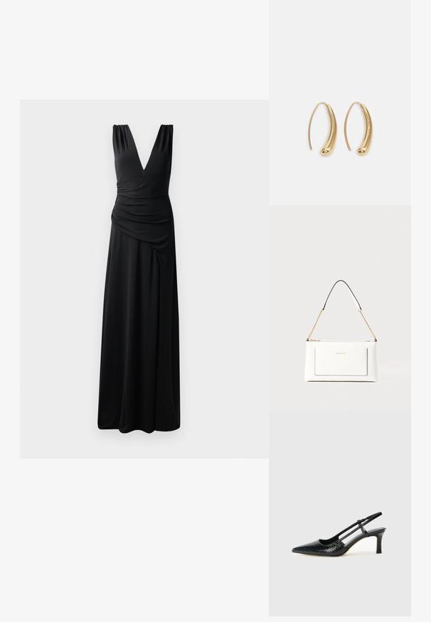 Schwarzes ärmelloses Maxikleid mit tiefem V-Ausschnitt, gerafften Schultern und drapierter Seitendetail für eine elegante Silhouette. Hergestellt aus glattem, dehnbarem Stoff.; Schwarze Lack-Slingback-Pumps mit spitzem Zehenbereich, versehen mit strukturiertem Schlangenprint, verstellbarem Riemen und einem kurzen, strukturierten Blockabsatz.; Weißes Lederhandtasche mit strukturierter Oberfläche, ausgestattet mit einem goldenen Kettenriemen und schwarzen Akzenten. Enthält eine Fronttasche und einen Reißverschluss.; Goldfarbene Metall-Hoops mit einer geschwungenen, länglichen Form. Sie verfügen über eine glatte, glänzende Oberfläche und eine abgerundete Spitze für zusätzliche Details.