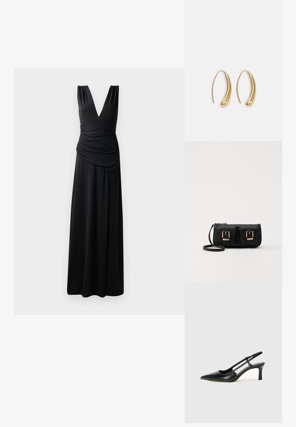 Juodas be rankovių maksi suknelė su giliu V formos iškirpimu, surinktomis pečių detalėmis ir drapiruotais šonais, kuri suteikia elegantišką siluetą. Pagaminta iš lygaus, tamprios medžiagos.; Juodai lakuoti slingback aukštakulniai su smailiu nosiu, su tekstūruotu gyvatės raštu, reguliuojama juosta ir trumpu, tekstūruotu blokiniu kulnu.; Juodas odinis per petį nešiojamas krepšys su dviem priekiniais kišenėmis, auksiniais sagtimis, užtrauktuko uždarymu ir siauromis petnešomis. Textūruota paviršius ir kompaktiškas stačiakampis formatas.; Auksinės metalinės auskarų kabės su lenktą, pailgą forma. Turi lygų, blizgantį paviršių ir užapvalintą galiuką papildomam akcentui.
