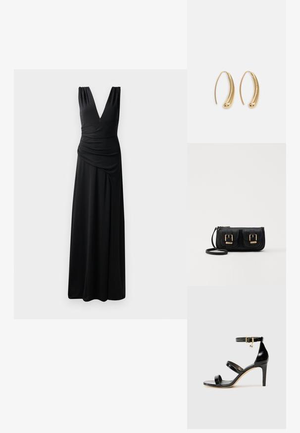 Fekete, ujjtalan maxi ruha mély V-kivágással, redőzött vállakkal és elegáns sziluettet adó drapírozott oldaldekorációval. Simogató, rugalmas anyagból készült.; Fekete lakk bőr szandál három pánttal, bokapánttal és 10 cm magasságú tűsarokkal. Arany színű részletekkel és logó charm-mal rendelkezik.; Fekete bőr keresztbody táska két elülső zsebbel, arany csattokkal, cipzáras záródással és vékony pánttal. Textúrált felület és kompakt téglalap alak.; Aranyszínű fémből készült karika fülbevalók ívelt, hosszúkás formával. Simaságával és fényes felületével, valamint lekerekített végével további részletekkel bővül.