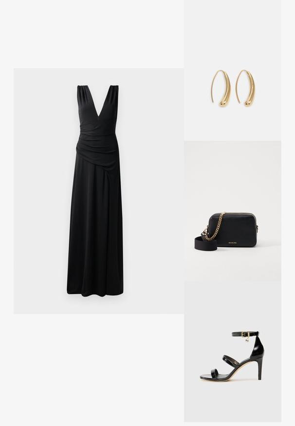 Must have õla-ja kindaideta maksikleit, millel on sügav V-kaelus, volangidega õlavarreosa ja lastud külgedetail, mis loob elegantse silueti. Valmistatud siledast, venivast kangast.; Must musta nahk sandaal kolme rihmaga, pahkluu vööga ja 4-tollise stilettakontsaga. Omab kuldset detaili ja logovõtit.; Musta nahast risti kott kuldsete ahelate aktsentidega, lukuga sulgemine ja eemaldatav kangast rihm. Michael Korsi logo ees.; Kuldtoonilised metallist rõngas kõrvarõngad, millel on kõver ja piklik kuju. Omavad siledat, läikivat pinda ja ümarat tipptugevdust, mis lisab detaili.