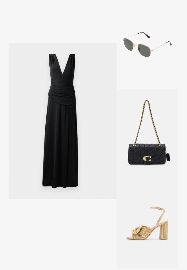 Black sleeveless maxi dress with a deep V-neck, gathered shoulders, and draped side detail for an elegant silhouette. Made from smooth, stretch fabric.; Gold heeled sandals with a knotted front, pleated texture, and an ankle strap. The block heel has a ribbed design, enhancing grip.; Gold metal-frame sunglasses with dark green lenses, aviator style, featuring slim arms and tortoiseshell accents on the tips.; Black quilted handbag with a gold chain strap, featuring a distinctive gold clasp and a small tag, showcasing a textured leather surface.