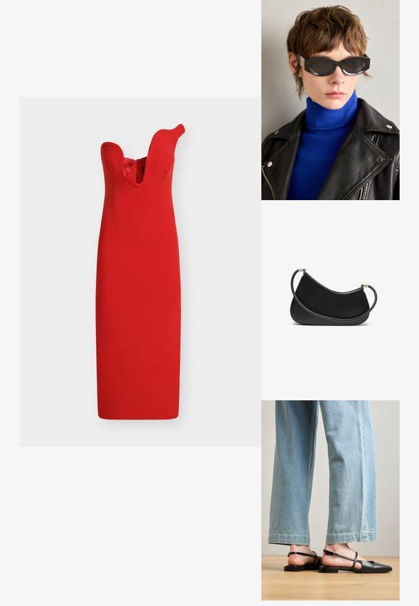 Red fitted dress with a deep V-neckline and tapered shape. Made from smooth fabric, featuring a back zipper and structured design.; Black leather slingback shoes with a pointed toe, flat heel, and ankle strap; worn with light blue wide-leg jeans.; Black sunglasses with rounded edges and tinted lenses. Features gold accent hardware on the temples. Worn with a blue ribbed turtleneck and leather jacket.; Black leather shoulder bag with a curved design, featuring a textured strap and gold-tone hardware at the top closure. Smooth finish.; Set of gold-tone earrings featuring various designs, including studs, hoops, and dangling pieces with pearls and rhinestones.