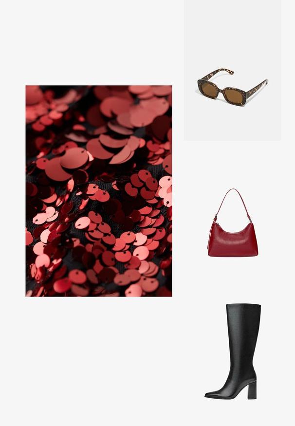 Czerwone, okrągłe cekiny o błyszczącej powierzchni rozsypane na czarnym, teksturowanym tle, ukazujące różne rozmiary i nakładające się detale.; Czarne, sięgające kolan botki wykonane z sztucznej skóry, o spiczastym nosku, gładkiej fakturze i masywnym obcasie. Minimalistyczny design bez widocznych akcentów.; Okulary przeciwsłoneczne w kratkę z zaokrągloną, grubą oprawą i brązowymi soczewkami. Posiadają subtelne wzory oraz proste, zwężane zauszniki.; Czerwona skórzana torebka na ramię o zakrzywionym kształcie, gładkiej fakturze i zamek błyskawiczny. Posiada cienką rączkę do noszenia.