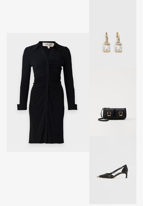 Melnā garā piedurkne kleita ar apkakles kakla izgriezumu, sagruvusi krūšu daļa un pogu priekšpuse, izgatavota no mīksta auduma ar strukturētām piedurknēm un aprocēm.; Melns ādas kurpju pāris ar zemu papēdi, smailu sudraba purngali un diviem sprādzēm uz balta fona.; Melnas ādas crossbody soma ar divām priekšējām kabatām, zelta sprādzēm, ar rāvējslēdzēju aizdari un šauru siksnu. Strukturēta virsma un kompakta taisnstūra forma.; Zeltītas auskaru rotas, kuru centrā ir taisnstūra formas caurspīdīgs kristāls, kas karājas zem mazu, apaļu caurspīdīgu akcentu rindas. Elegants, mūsdienīgs dizains.