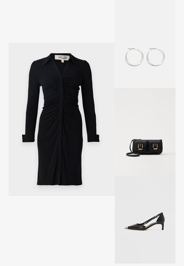 Černé dlouhé šaty s límečkem, nařaseným korpusem a knoflíkovým zapínáním, vyrobené z měkké látky se strukturovanými rukávy a manžetami.; Černá kožená botička s nízkým podpatkem, špičatou stříbrnou špičkou a dvěma pásky s přezkami na bílém pozadí.; Černá kožená crossbody taška se dvěma předními kapsami, zlatými přezkami, zipovým uzávěrem a štíhlým popruhem. Texturovaný povrch a kompaktní obdélníkový tvar.; Stříbrné kroužkové náušnice mají hladký, zaoblený design s tenkým profilem a bezpečným zapínáním. Minimalistický styl s lesklým povrchem.