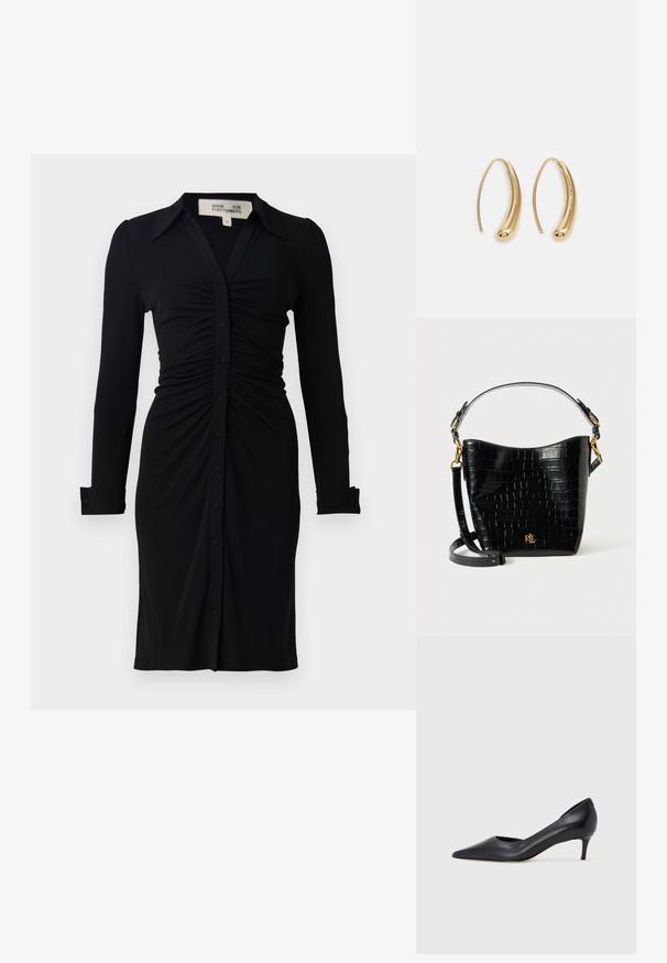 Czarna sukienka z długim rękawem, z kołnierzykiem, marszczonym body i zapinana na guziki, uszyta z miękkiego materiału z wyraźną strukturą rękawów i mankietów.; Czarny skórzany czółenek z szpiczastym noskiem i niskim obcasem. Charakteryzuje się gładką fakturą i subtelnym połyskiem. Przód z wycięciem dla dodatkowego detalu.; Czarna torba ze skóry z tłoczeniem w krokodylą skórę o zaokrąglonym kształcie, z akcentami ze złotego metalu, regulowanym paskiem oraz detalem logo z przodu.; Złote metalowe kolczyki w kształcie obręczy o zakrzywionym, wydłużonym kształcie. Posiadają gładką, błyszczącą powierzchnię oraz zaokrąglony koniec dla dodatkowego efektu.